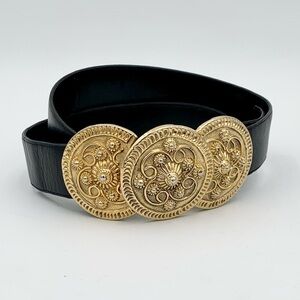 Vintage Black Leather Belt Gold Disc Medallion Statement